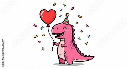 A pink dinosaur wearing a party hat and holding a heart balloon