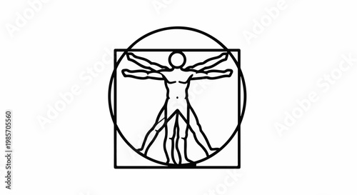 A minimalist outline of a human figure within a square and circle