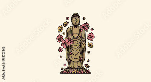 A serene Buddha statue adorned with delicate pink and yellow flowers