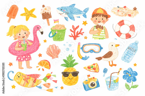 Kids Summer Adventure Doodle Set – Hand Drawn Beach Activities and Objects Collection
