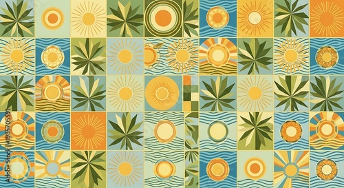 Vibrant tropical patterns, colorful geometric shapes, sunny motifs, abstract backgrounds
