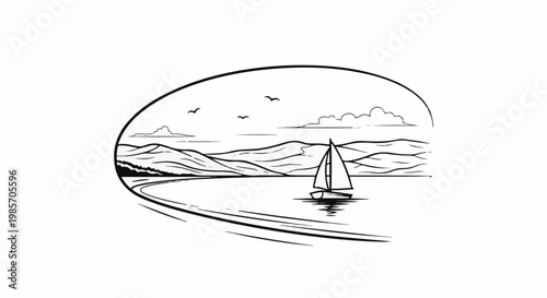 A lone sailboat glides across calm waters under a sky with clouds and birds