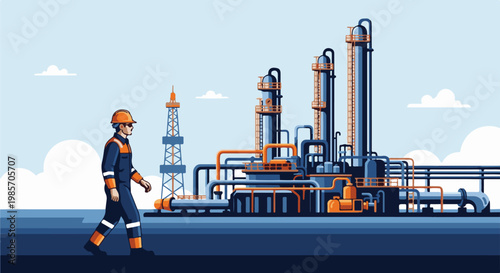 A lone worker walks past a large industrial oil refinery under a cloudy sky