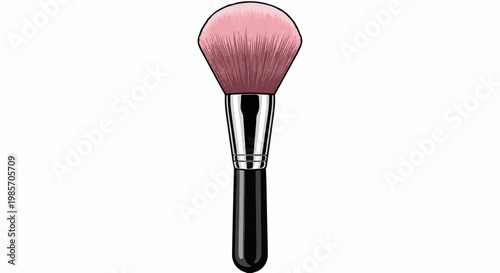 A pink fluffy makeup brush with a black handle and silver ferrule