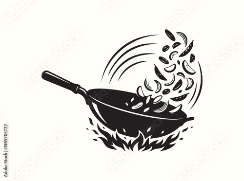 Simple black graphic element of a wok tossing vegetables for manual food service demonstrations in hospitality training materials for stir frying