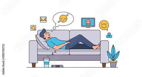 Young man taking a nap on a purple sofa while dreaming about messages, music, and social interactions represented by various icons.