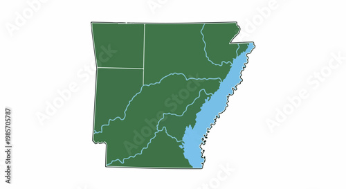 A green map outline of a state with light blue rivers and a body of water