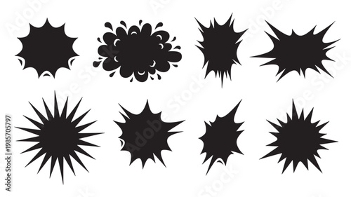 Blotburst ink splatters set with jagged starburst shapes for comic, grunge, and explosion designs featuring splash shape, burst effect, dramatic