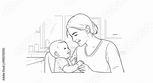 A loving mother smiles at her baby in a high chair in a kitchen