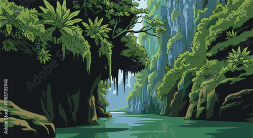 A lush jungle gorge with a river and waterfall under a misty sky