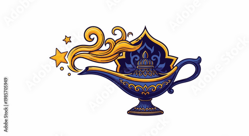A magical blue and gold lamp with yellow smoke and stars erupting