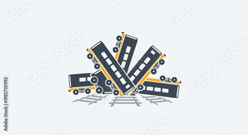 A jumbled pile of cartoon trains lies on railway tracks, some overturned