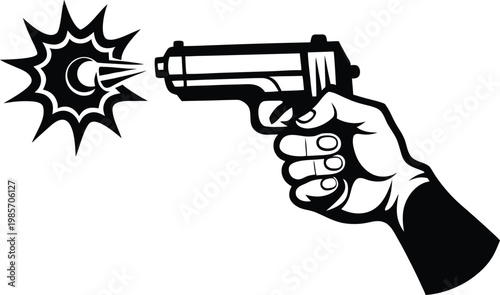 A graphic illustration of a hand holding a gun firing towards a crescent moon symbol Vector, illustration