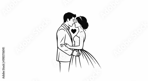 A loving couple in wedding attire shares a tender moment