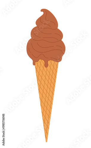 Flat hand drawn soft ice cream, melted chocolate gelato in waffle cone isolated on transparent background. Summer vibe. Minimalistic vector illustration EPS