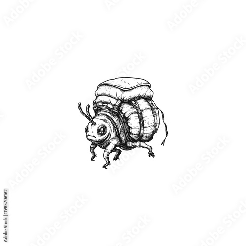 Hand-drawn vintage engraving illustration of a cute caterpillar traveler carrying a backpack and gear on its back