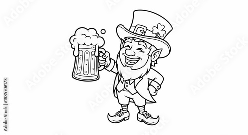 A joyful leprechaun in a hat holds a frothy mug of beer