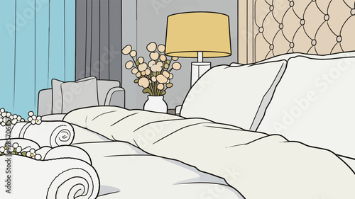 Cozy Bedroom Interior with White Bedding and Flowers