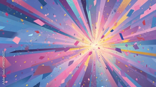 Abstract Colorful Burst of Light and Confetti Against a Pixelated Blue Sky Background with Vibrant Pink and Yellow Streaks Creating a Festive Explosion Effect