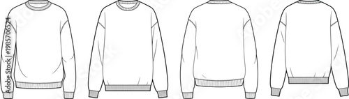 Relaxed crewneck sweatshirt lineup, ribbed trims and dropped shoulder silhouettes, everyday casual knitwear technical fashion outline – vector illustration