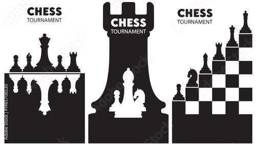 Chess tournament poster with knight, bishop, rook silhouettes and a castle-like chess icon in bold vector style
