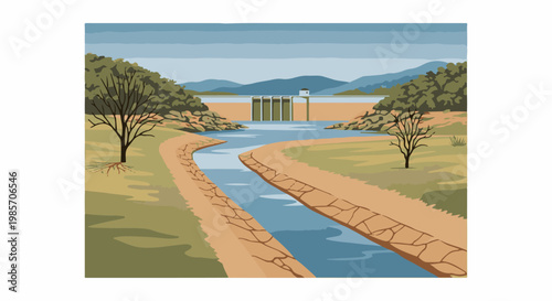 A serene landscape featuring a dam, river, and surrounding hills