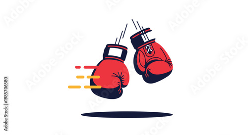 Illustration of two red boxing gloves colliding together with speed lines to represent a punch or sports competition.