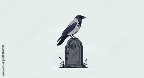 A pixel art crow perches on a tombstone with subtle clouds in the background