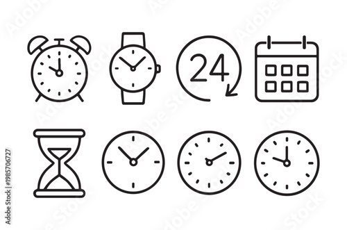 Various timekeeping devices and a calendar in a linear icon set