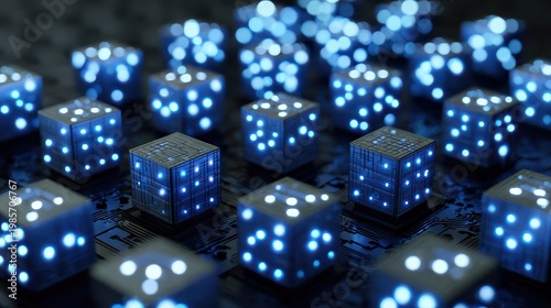 Abstract digital network of glowing blue cubes with intricate circuitry patterns on a dark background, representing data transfer and connectivity in a futuristic technological landscape with soft