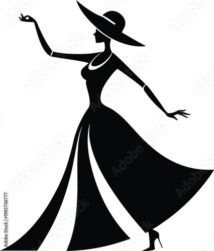 Elegant silhouette of a woman in a flowing dress and wide-brimmed hat dancing gracefully Vector, illustration