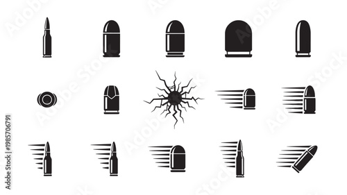 Bullet and rifle ammunition icons set with black vector silhouettes, including shotgun shells, handgun rounds, and sunburst target