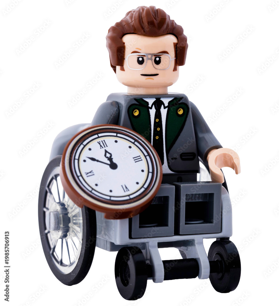 Fototapeta premium Dortmund - Deutschland 15. April 2026 - Lego Minifigur Mann mit einer Uhr in der Hand im Rollstuhl