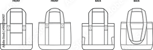 Modern tote handbag blueprint, structured carry bag with reinforced straps and clean outline views – vector illustration