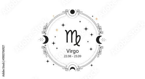 Virgo zodiac astrological symbol design featuring a celestial frame with moon phases, stars, and floral elements.