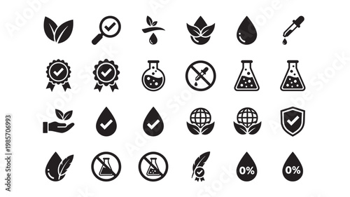 Biology and chemistry icons set with laboratory flask, flame, leaf sprout, check badges, and hazard percent symbols