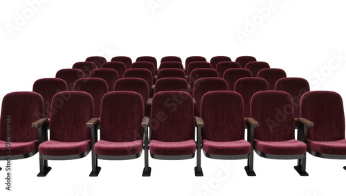 Quadro em tela Rows of plush burgundy velvet theater seats arranged in a stadium formation, iso