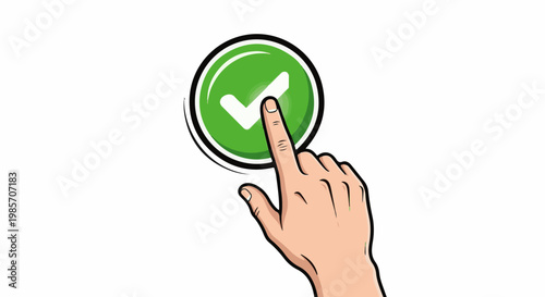A hand's finger presses a green button with a white checkmark