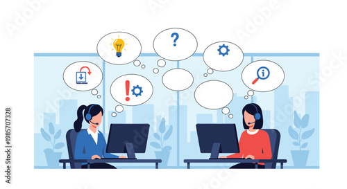 Two office workers providing customer support while thinking about different service-related icons and solutions.