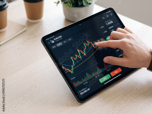 Hand analyzing trading chart on tablet with buy and sell interface