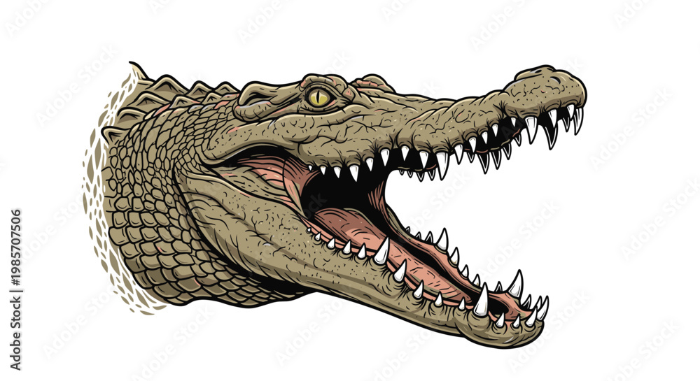 Fototapeta premium Detailed anatomical illustration of an open crocodile mouth with sharp teeth showing realistic scales and skin textures.