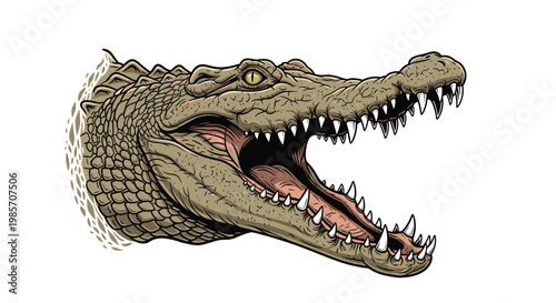 Detailed anatomical illustration of an open crocodile mouth with sharp teeth showing realistic scales and skin textures.