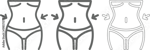 Line icons showing different female body shapes and weight loss concept with arrows pointing to slimmer waist and hips  illustrating body image and fitness goals