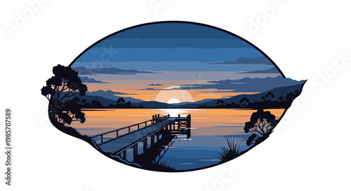 A pixel art pier extends into a serene lake at sunset with distant mountains