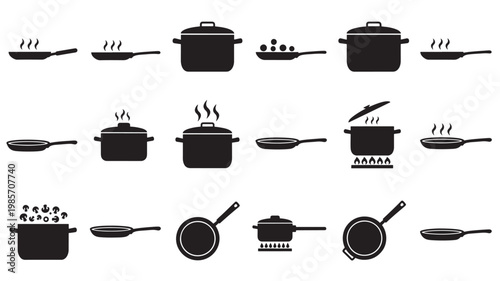 Cooking pot icons set with frying pans and stewing pots showing steam and heat effects in vector style