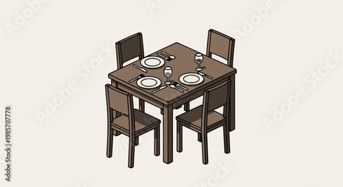 A simple brown table and four chairs set up for dining