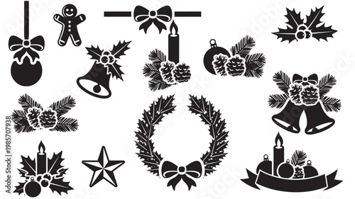 Obraz na płótnie Christmas candle and bow wreath icons set with holly stars, gingerbread, and fes