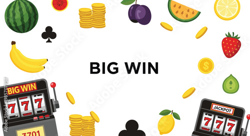 Bright gambling theme illustration with big win text, slot machines, gold coins, and fruit symbols on a white background.