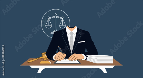 A headless figure in a suit writes at a desk with legal symbols