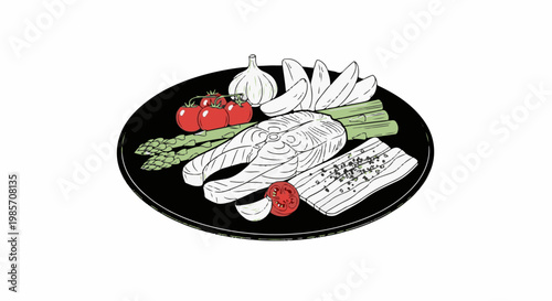 A simple drawing of a fish steak with asparagus, tomatoes, garlic, and wedges on a plate